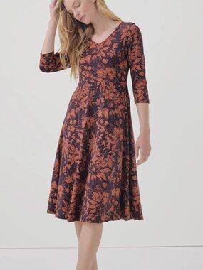 Pact Organic Fit & Flare Party Midi Dress Medium Plum Botanical
